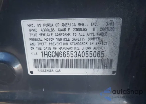 2003 Honda Accord 3.0 Ex from USA, damaged, VIN 1HGCM66553A055065